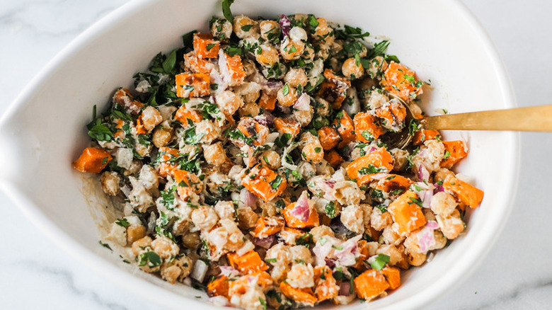 Chickpea and cubed sweet potato salad with herbs.