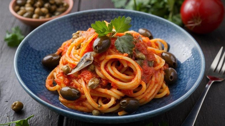 Bowl of pasta puttanesca with olives