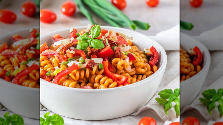 Bowl of pasta with red peppers