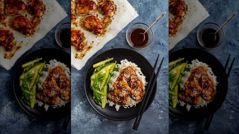 Hoisin chicken with rice on a plate 