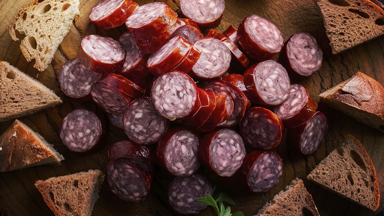 Smoked sausage on wooden board