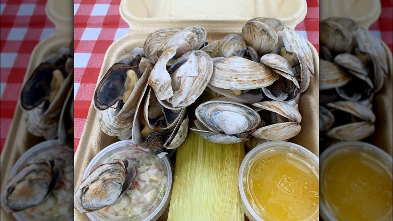 Happy Clam Shack clams dinner with drawn butter
