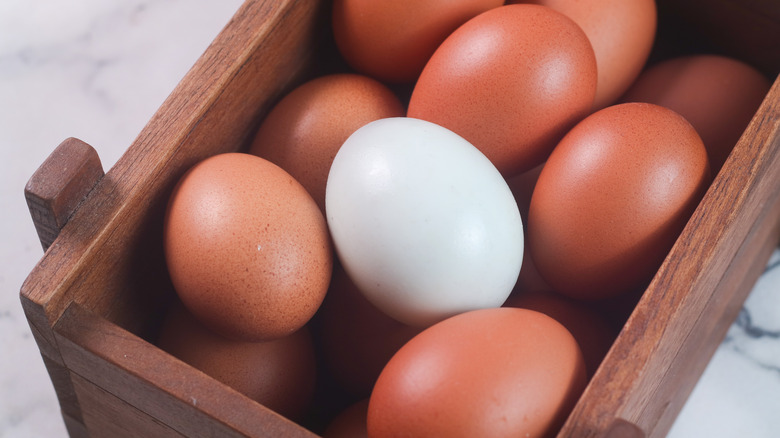 White egg with brown eggs in wooden container on a marble surface