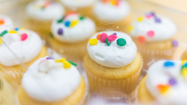 Mini vanilla cupcakes with rainbow sprinkles on white frosting