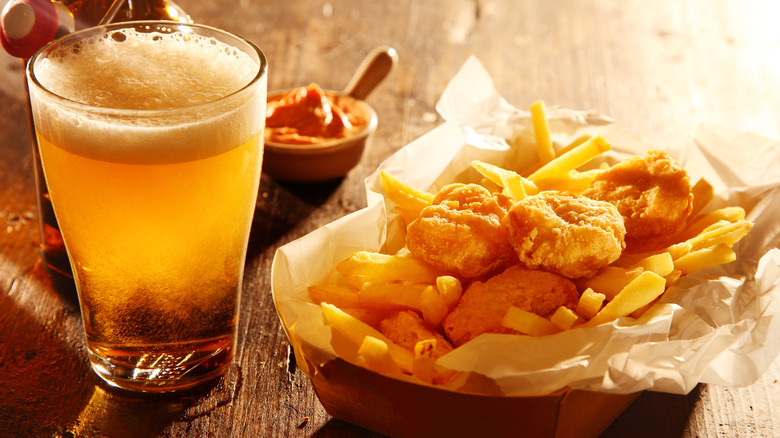 fried fish, fries, and beer