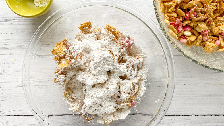 powdered sugar-coated chex mix