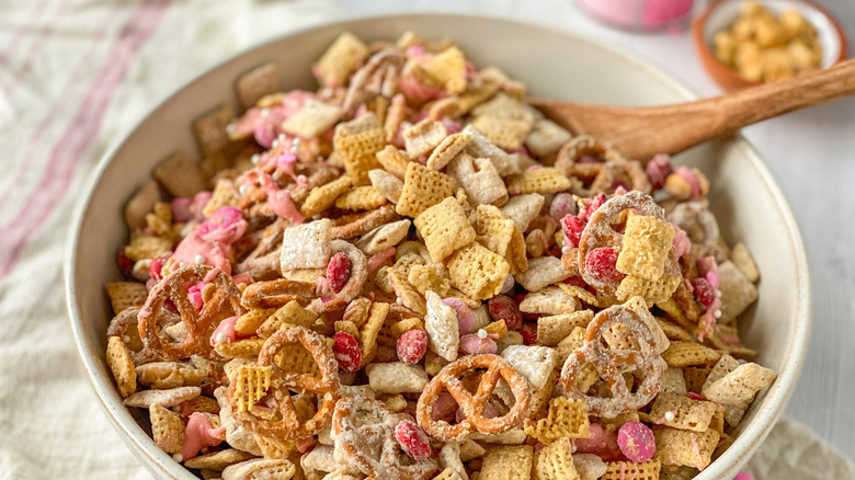 bowl of pink chex mix