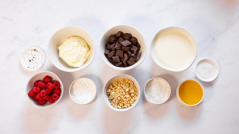 chocolate raspberry mousse pot ingredients on table