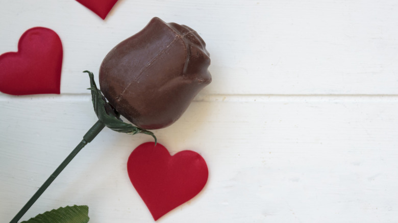 Solid chocolate rose on white background