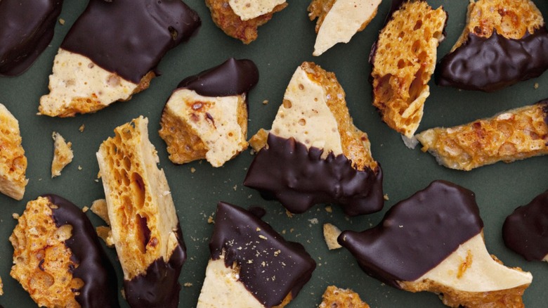 Pieces of chocolate-covered honeycomb