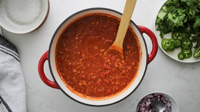 lentil chili on kitchen counter