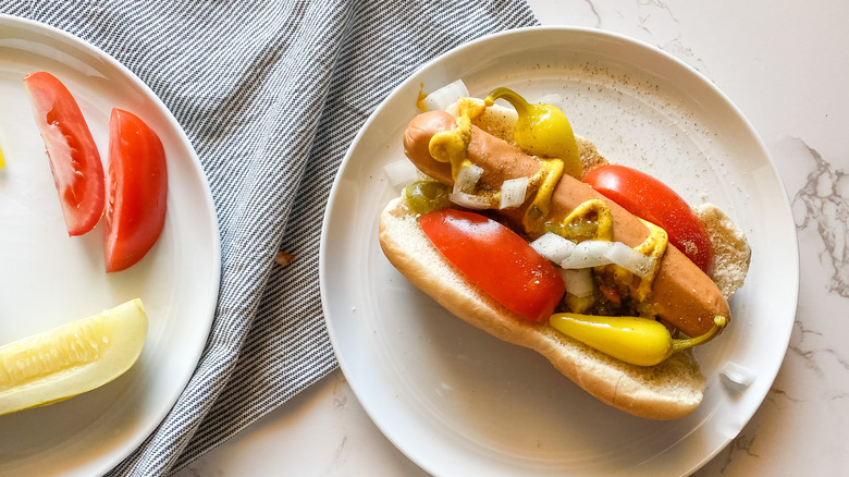 Chicago-style hot dog on plate