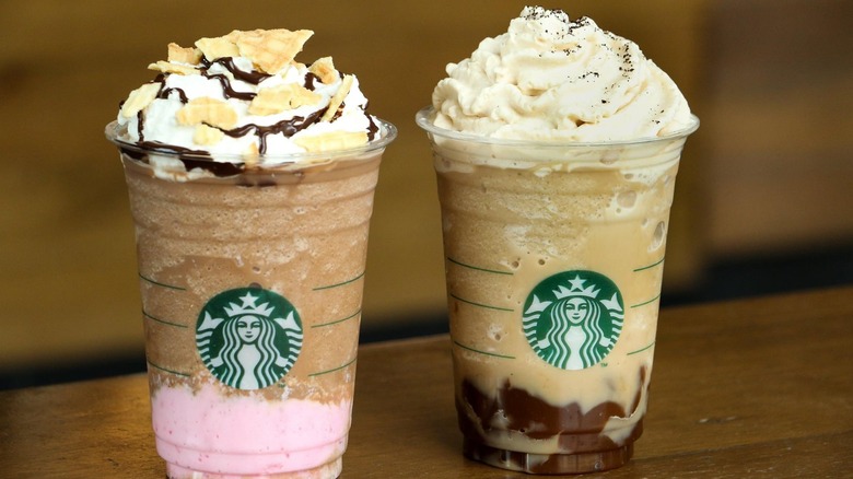 Two Starbucks Frappuccinos next to each other