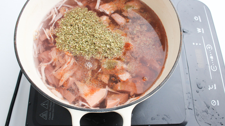 Pan of seasoned jackfruit in water