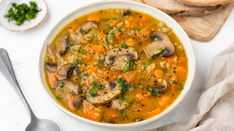 Sweet potato and mushroom soup in a bowl