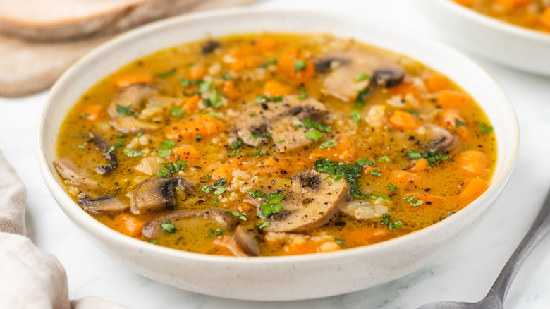 Sweet potato and mushroom soup in a bowl