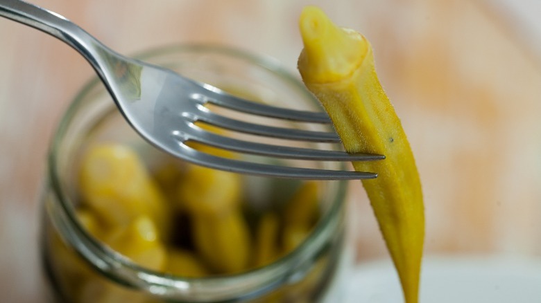 pickled okra on a fork