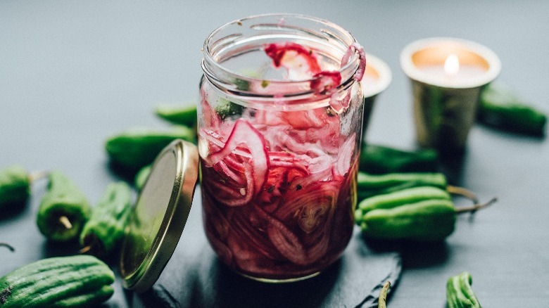 open jar of pickled red onions