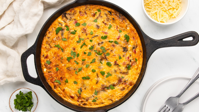 Vegetable frittata in cast iron skillet