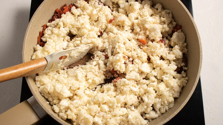 riced cauliflower in pan