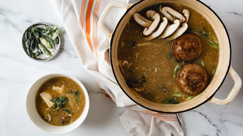 overhead view of bowl of soup with scallions and pot