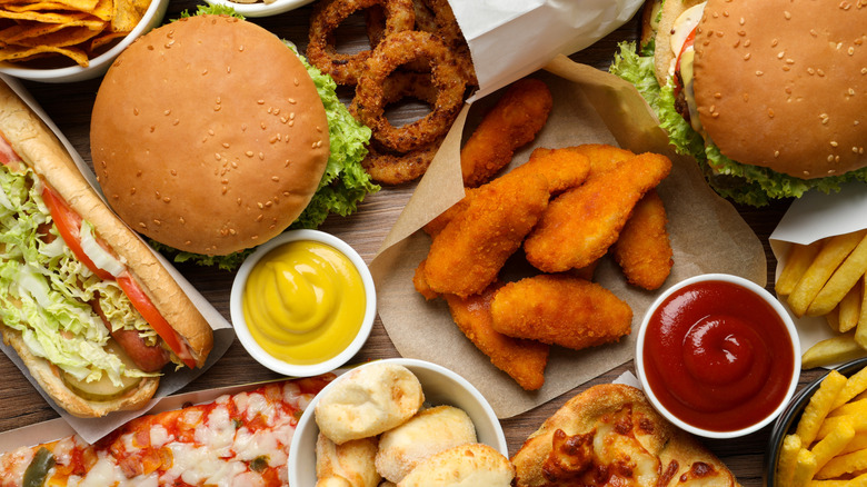 French fries, burgers, pizza, and other fast food