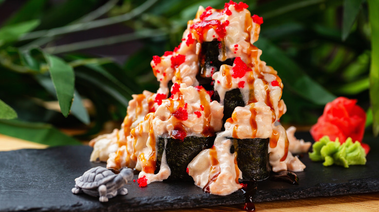 Volcano sushi rolls on a table