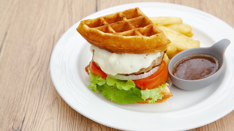 waffle burger with fries and side of gravy