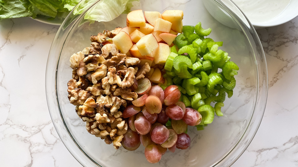 Waldorf salad ingredients in a bowl