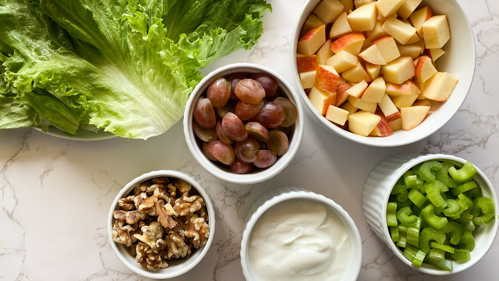 Waldorf salad ingredients in bowls