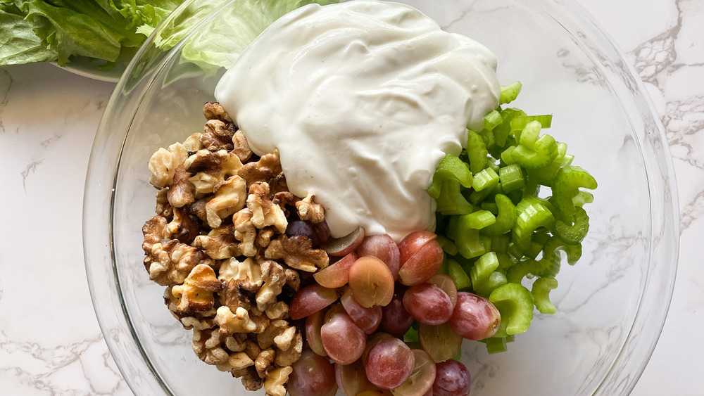 Waldorf salad ingredients in a bowl