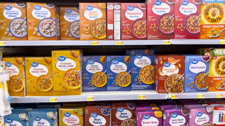 Shelves of Great Value cereal