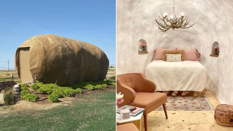 Exterior and interior of potato-shaped hotel split image