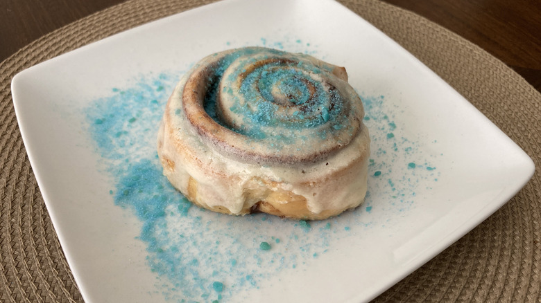 Cinnabon with blue candy topping