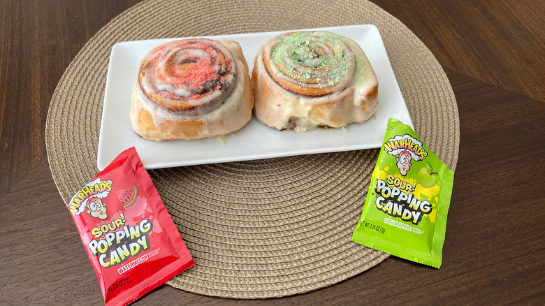 Cinnabon box and Warhead Sour Popping Candy