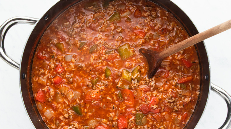 stuffed pepper soup with rice in soup pot