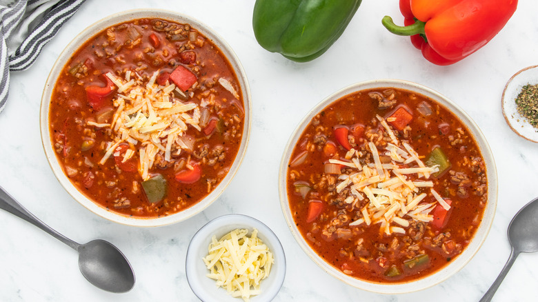 overhead shot of stuffed pepper soup in bowls