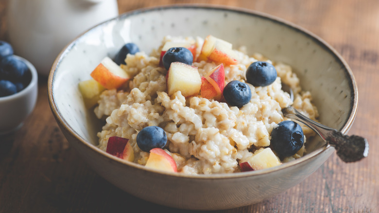 Bowl of oatmeal with blueberries and chopped apples