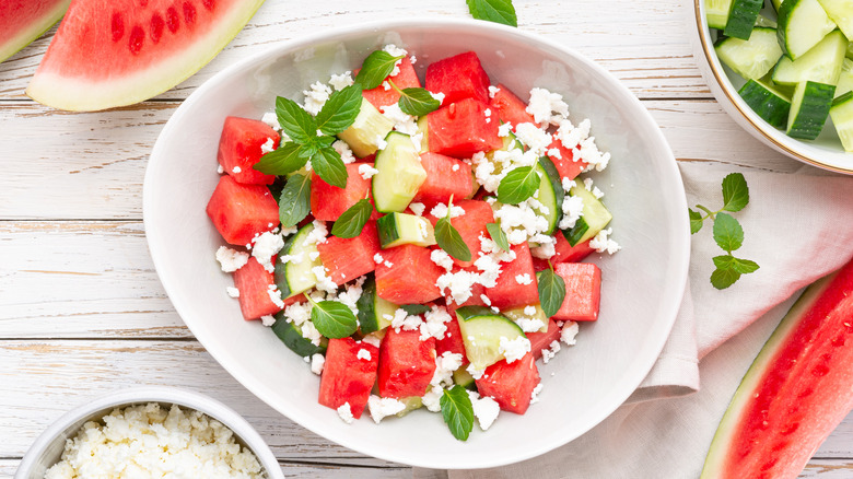 Watermelon, cucumber, and feta in a bowl