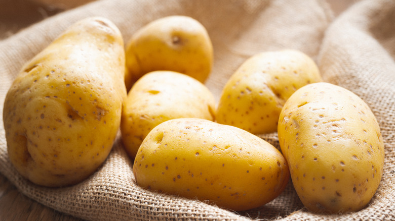 Yukon gold potatoes on burlap