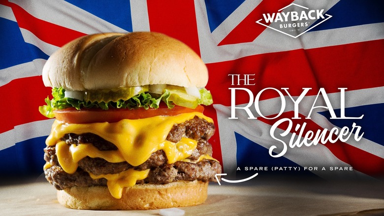 The Royal Silencer burger against a British flag 