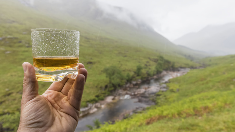 hand raising whiskey over stream