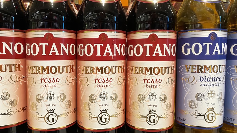 A row of bottles of vermouth