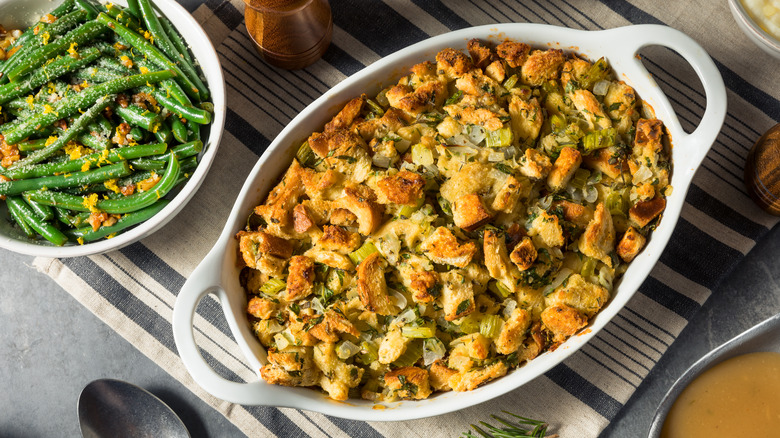 A dish of stuffing on a table