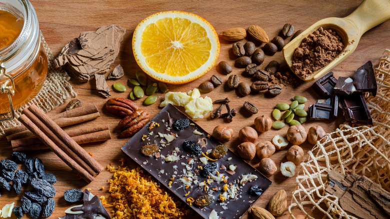 Various spices, nuts, cocoa