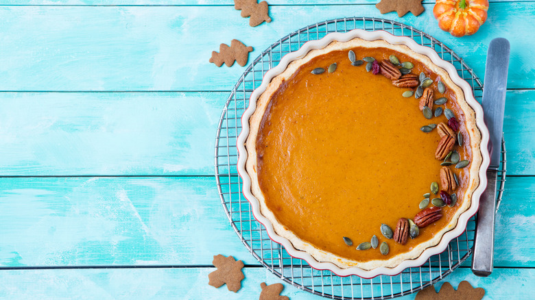 Pumpkin pie on cooling rack