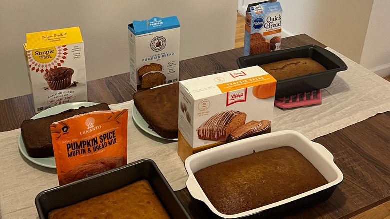 Various pumpkin breads on table