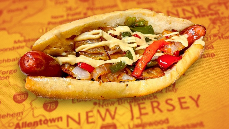 Italian hot dog over a New Jersey map