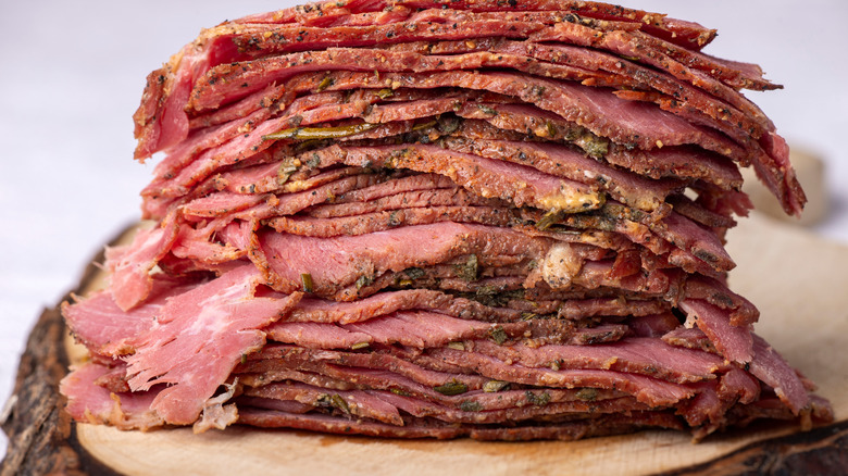 Stack of sliced corned beef