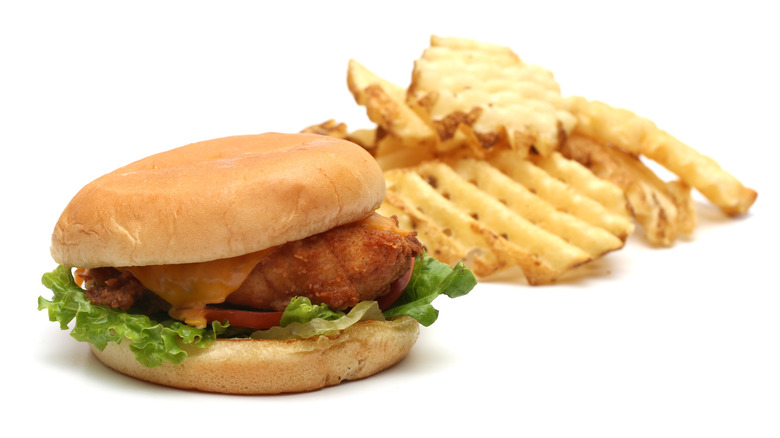 Fried chicken sandwich and waffle fries